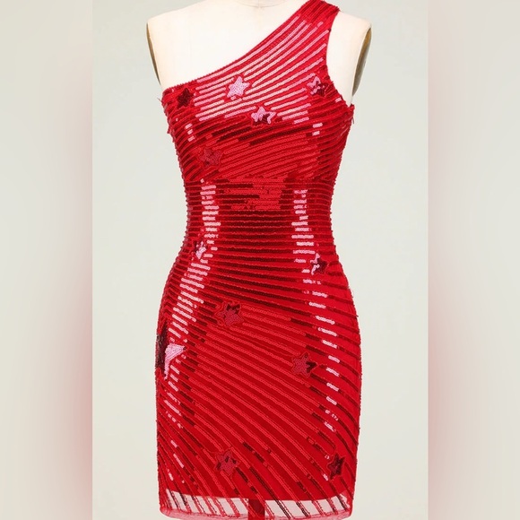 Zapaka Dresses & Skirts - Red Sequin One Shoulder Bodycon Mini Dress Stars Detail Size Large NWOT